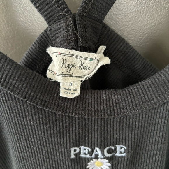 “Peace” Black Strappy Daisy Cropped Embroidered Tank Top - Picture 4 of 5